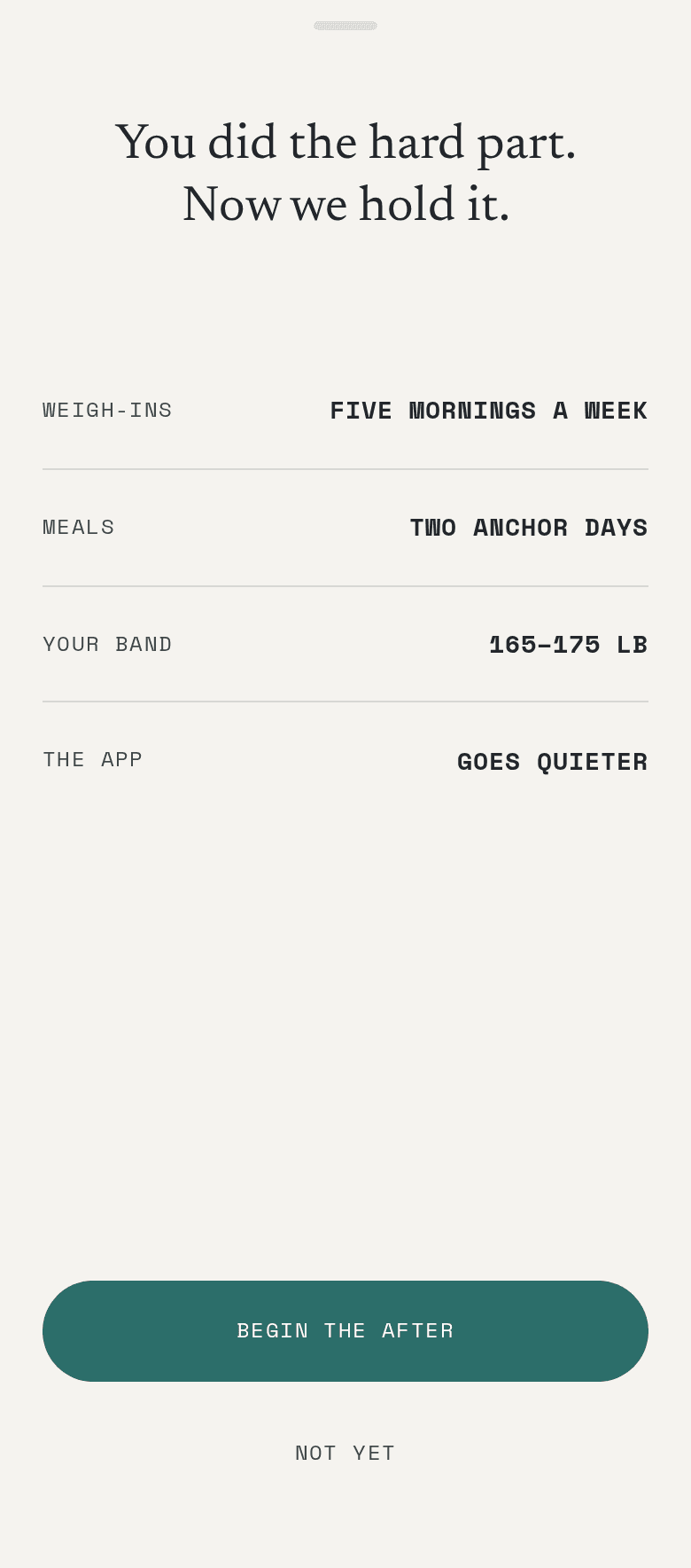 The after — maintenance mode: five weigh-ins a week, two anchor days, your band, and the app going quieter.