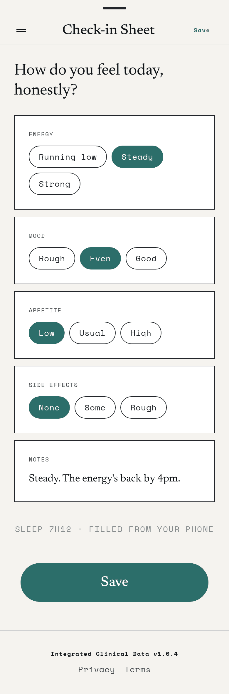 Daily check-in sheet — energy, mood, appetite, and side effects answered with one-tap chips, plus a short note.