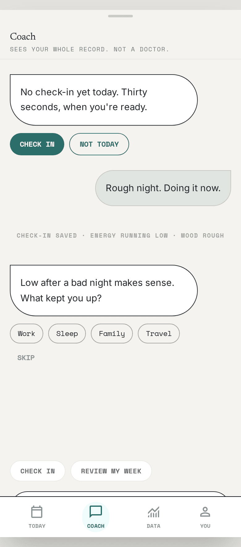 Coach chat — one gentle check-in nudge and a follow-up question, answered in taps.