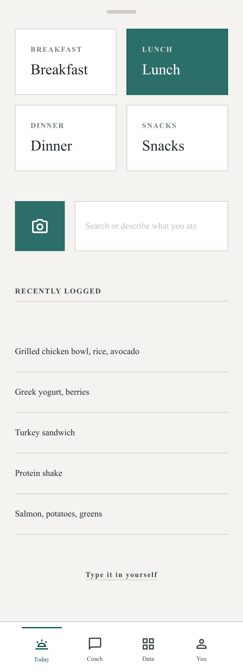 Food sheet — one camera button, a plain-words search field, and recently logged meals.