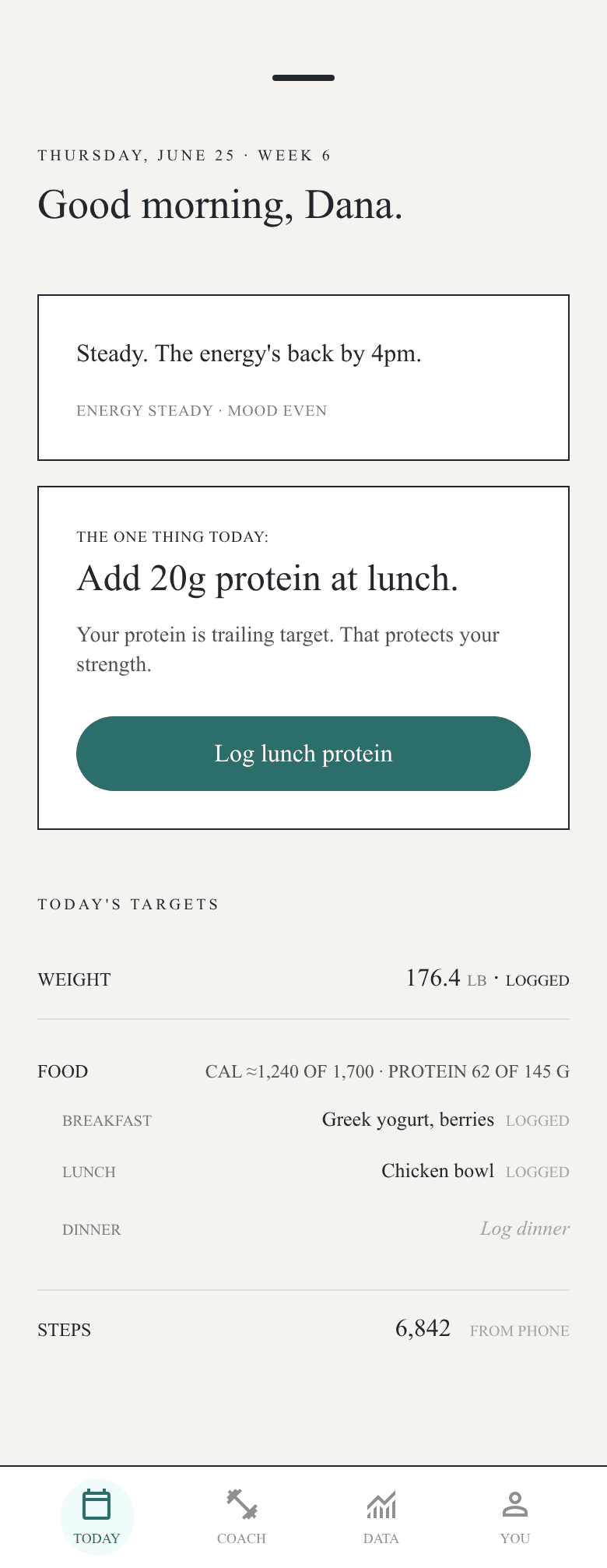 Today screen — a good-morning greeting, the one thing for today, and daily targets for weight, food, and steps.
