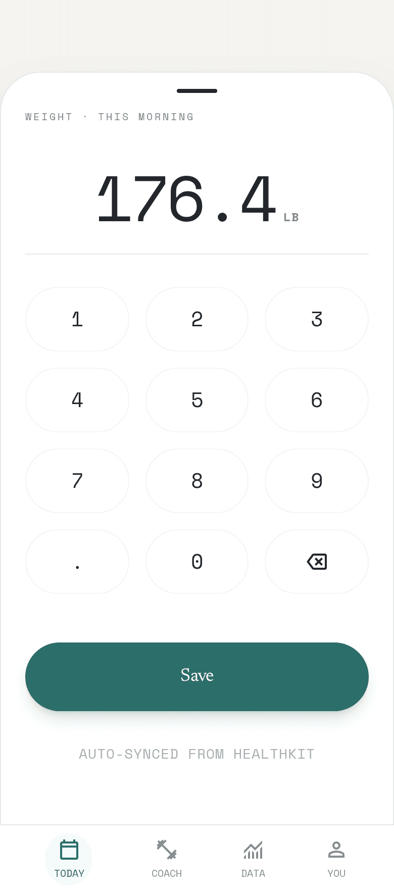 Weight sheet — this morning's number on a simple keypad, auto-synced from HealthKit.