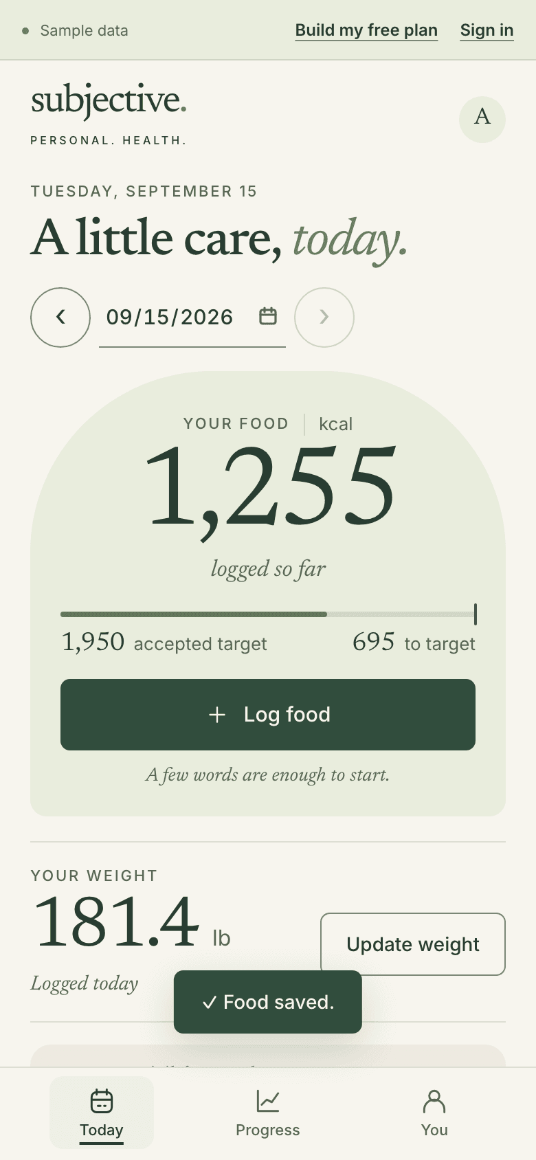 Sample Today after saving: food logged rises to 1,255 kcal, 695 below the sample’s chosen 1,950 kcal target, with a Food saved message.