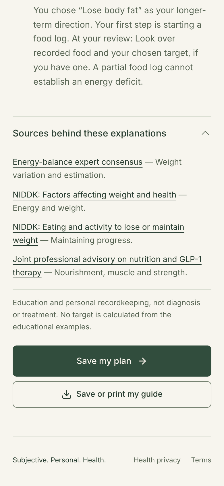 End of the guide: four linked sources, including two NIDDK pages, an education-only note, and a Save or print my guide button.