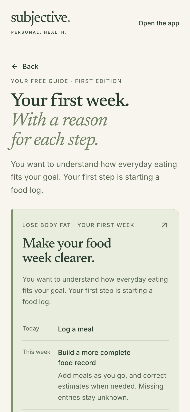 Top of the free guide: 'Your first week. With a reason for each step.' Below it, the first-week card: 'Make your food week clearer.' Today, log a meal.