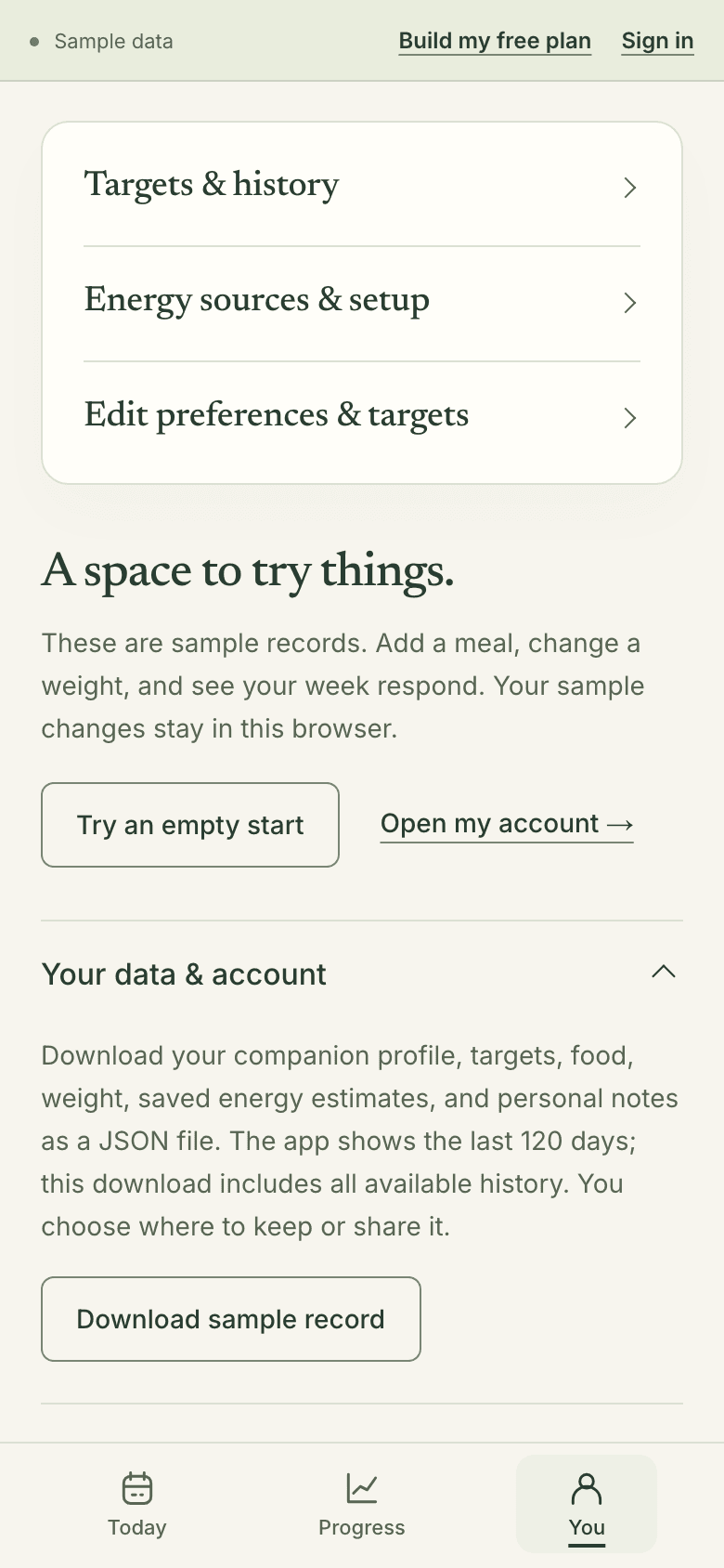 The sample You tab with Your data & account open: a JSON download of profile, targets, food, weight and notes, and a Download sample record button.