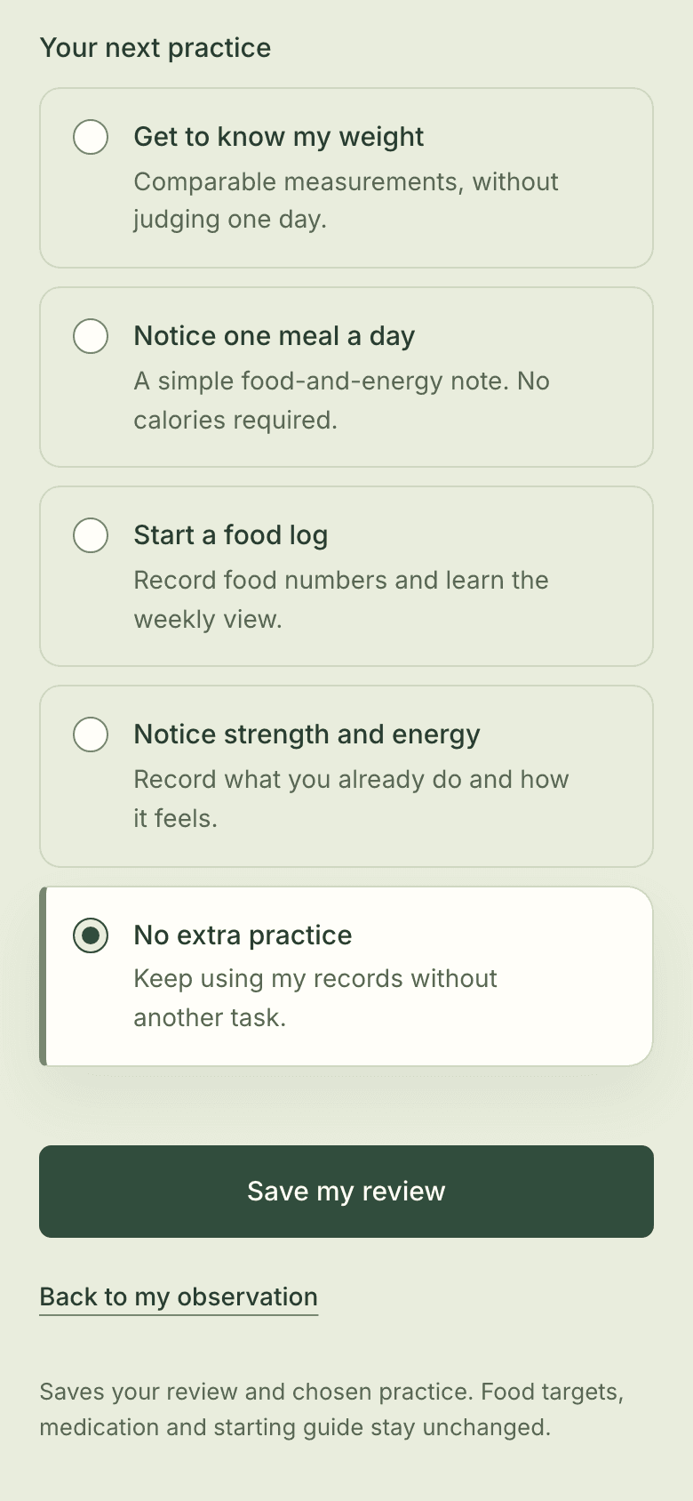 Review step 2: five choices for the coming week with No extra practice selected below the four practices, and a Save my review button.