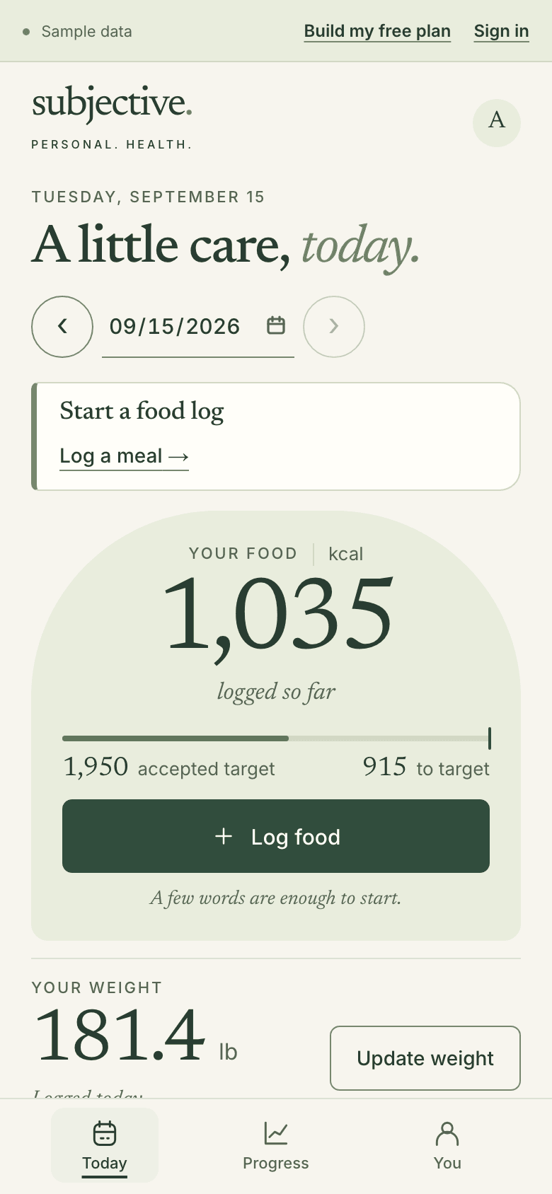 Sample Today for Tuesday, September 15. The chosen practice, Start a food log, with a Log a meal link, sits above a food card showing 1,035 kcal logged.