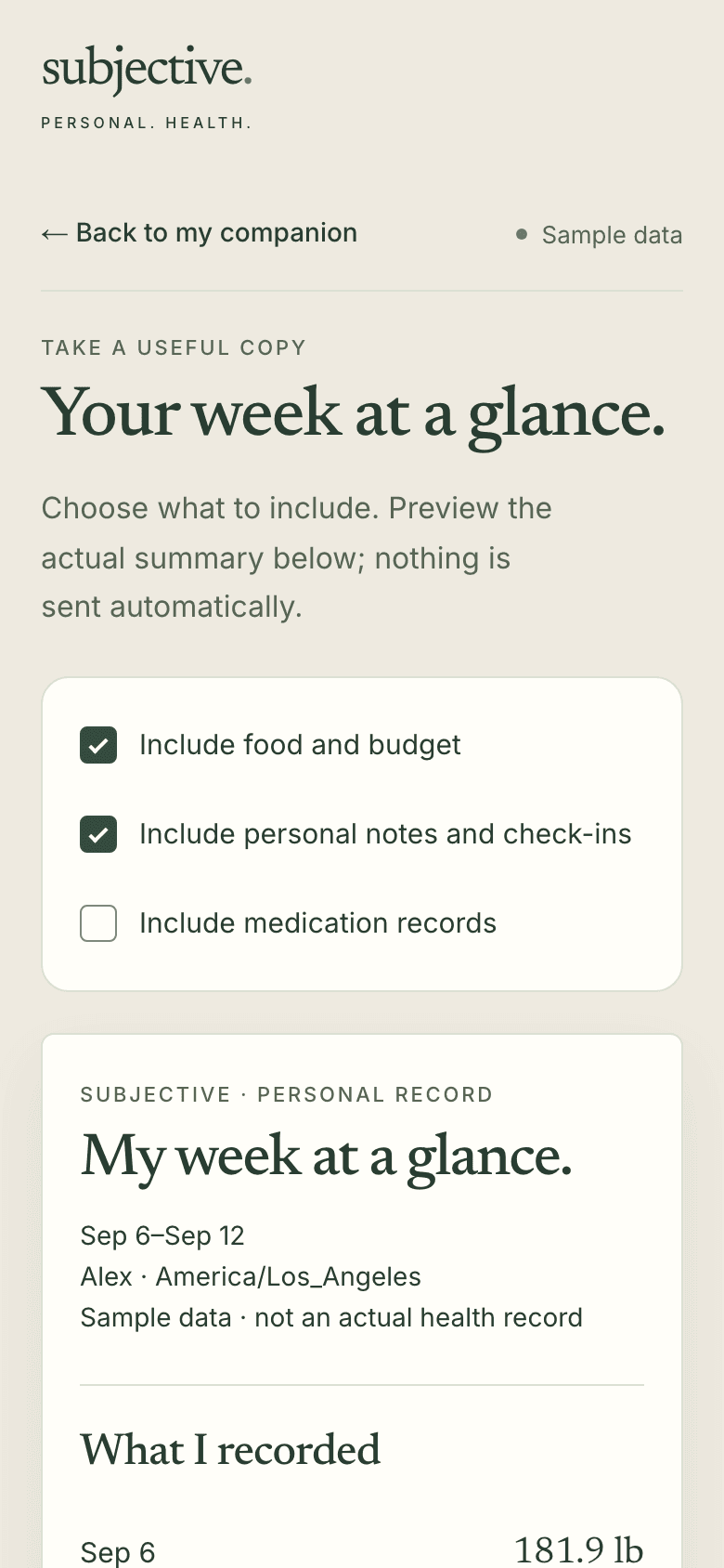 'Your week at a glance.' Food and budget and personal notes are ticked, medication records are not, above a summary card labeled sample data, not an actual health record.