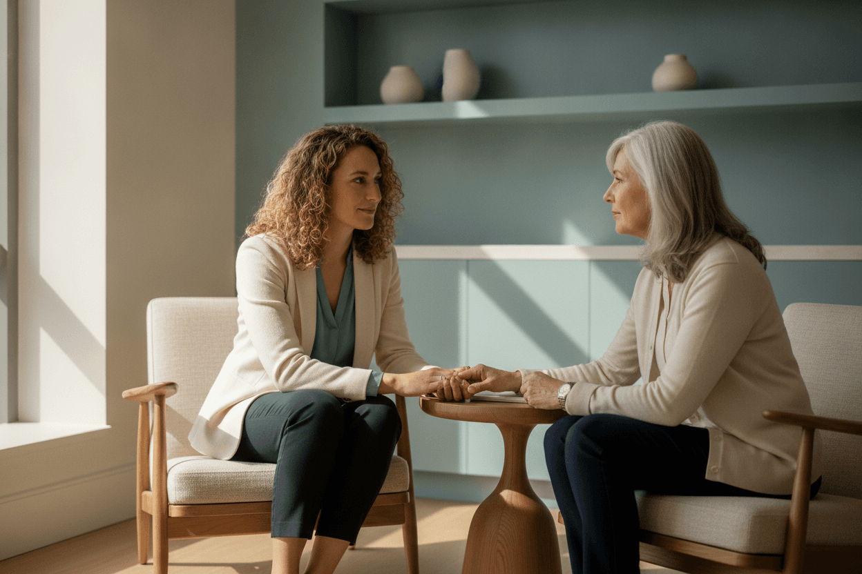 A clinician and a patient in a warm, unhurried consultation