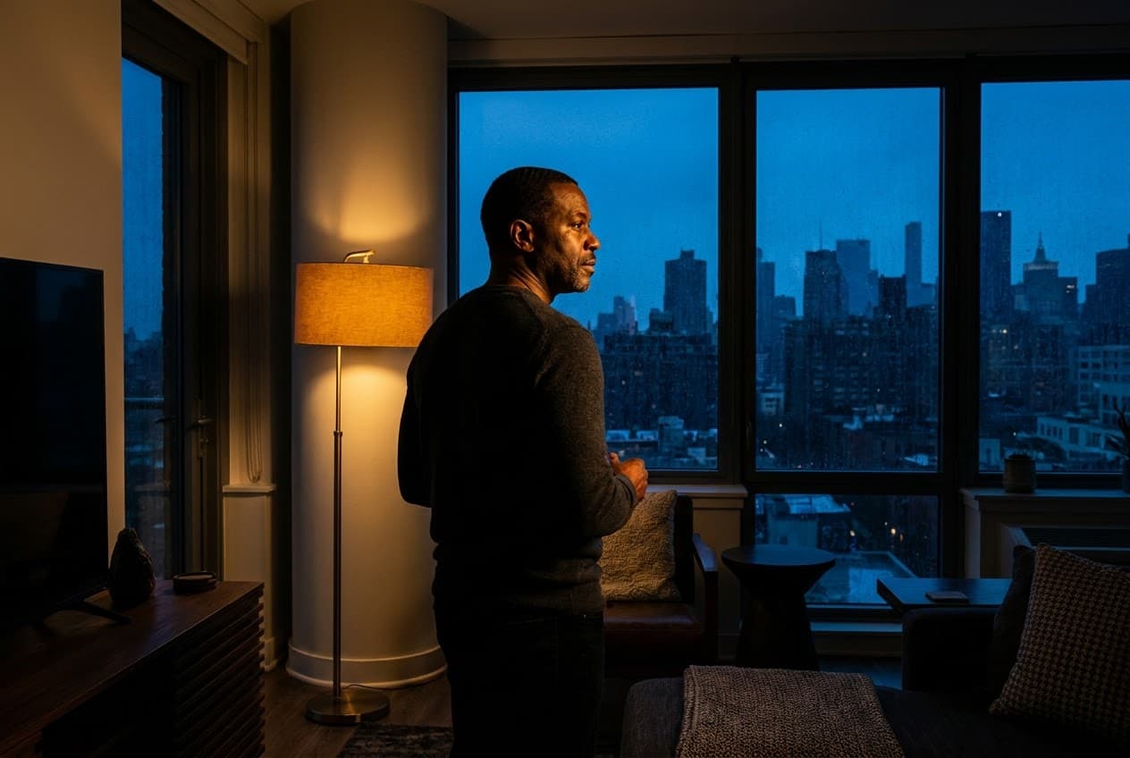 A man at a window at night, city lights beyond.