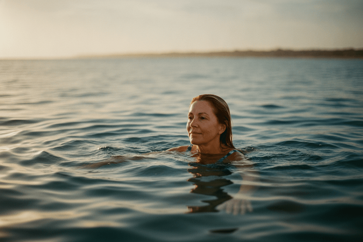 A woman swimming in open water at golden hour.