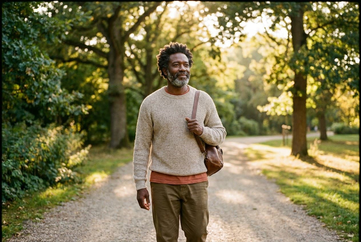 A man walking a sunlit trail at golden hour.