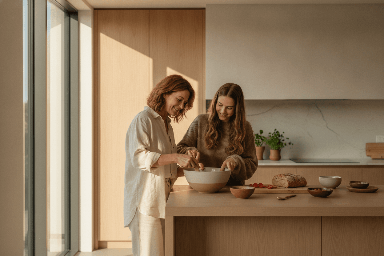 Two women preparing a meal together in a sunlit kitchen