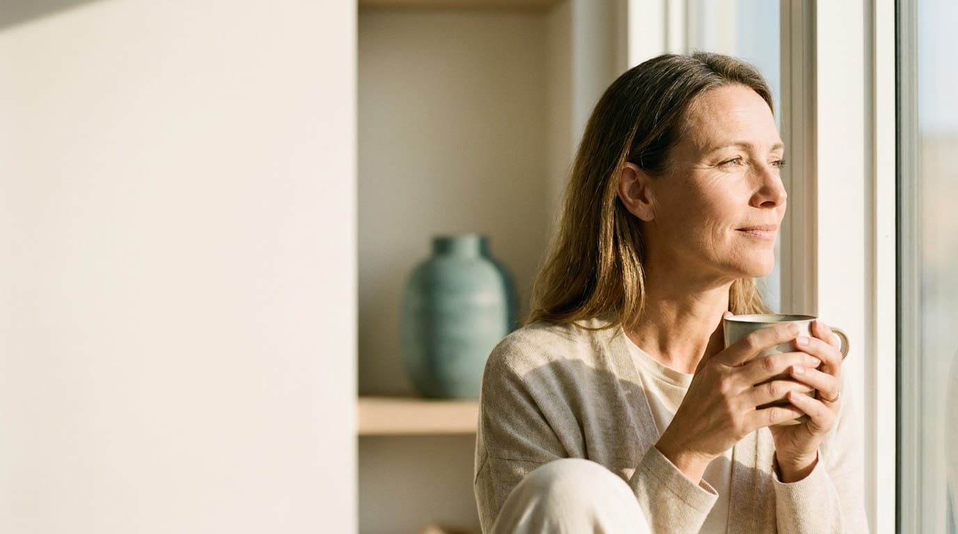 A woman at ease in warm window light — the promise kept.