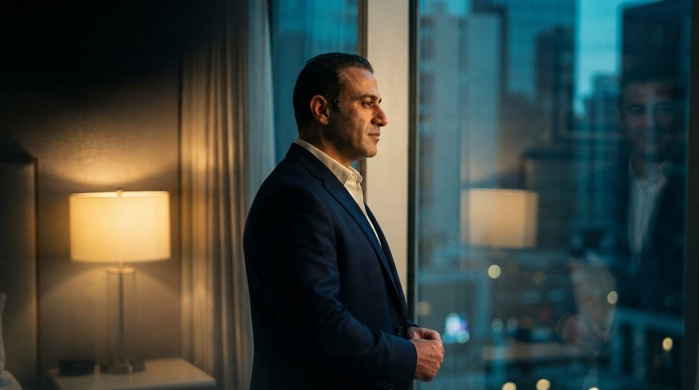 A composed man at a window at dusk, warm lamplight, the city beyond.