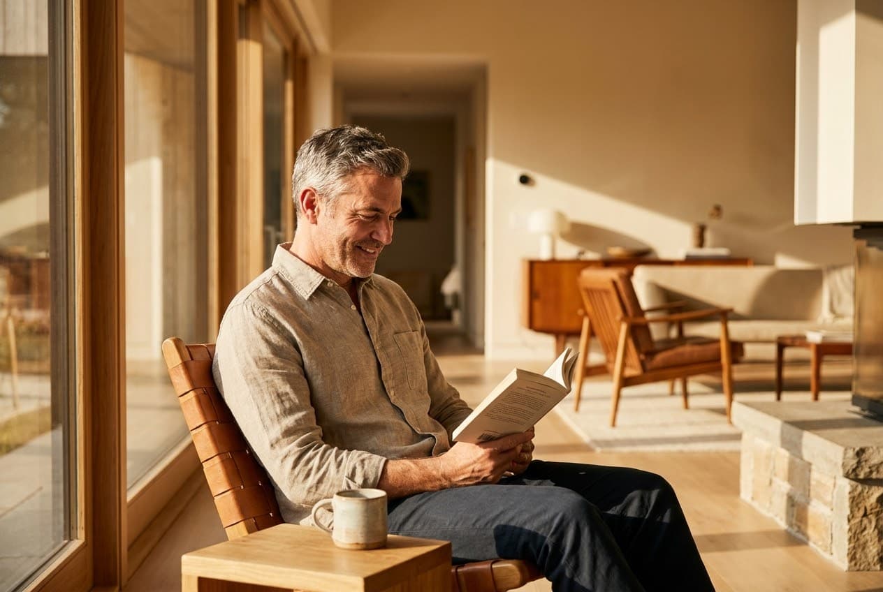 A man at ease in warm daylight — the promise kept.