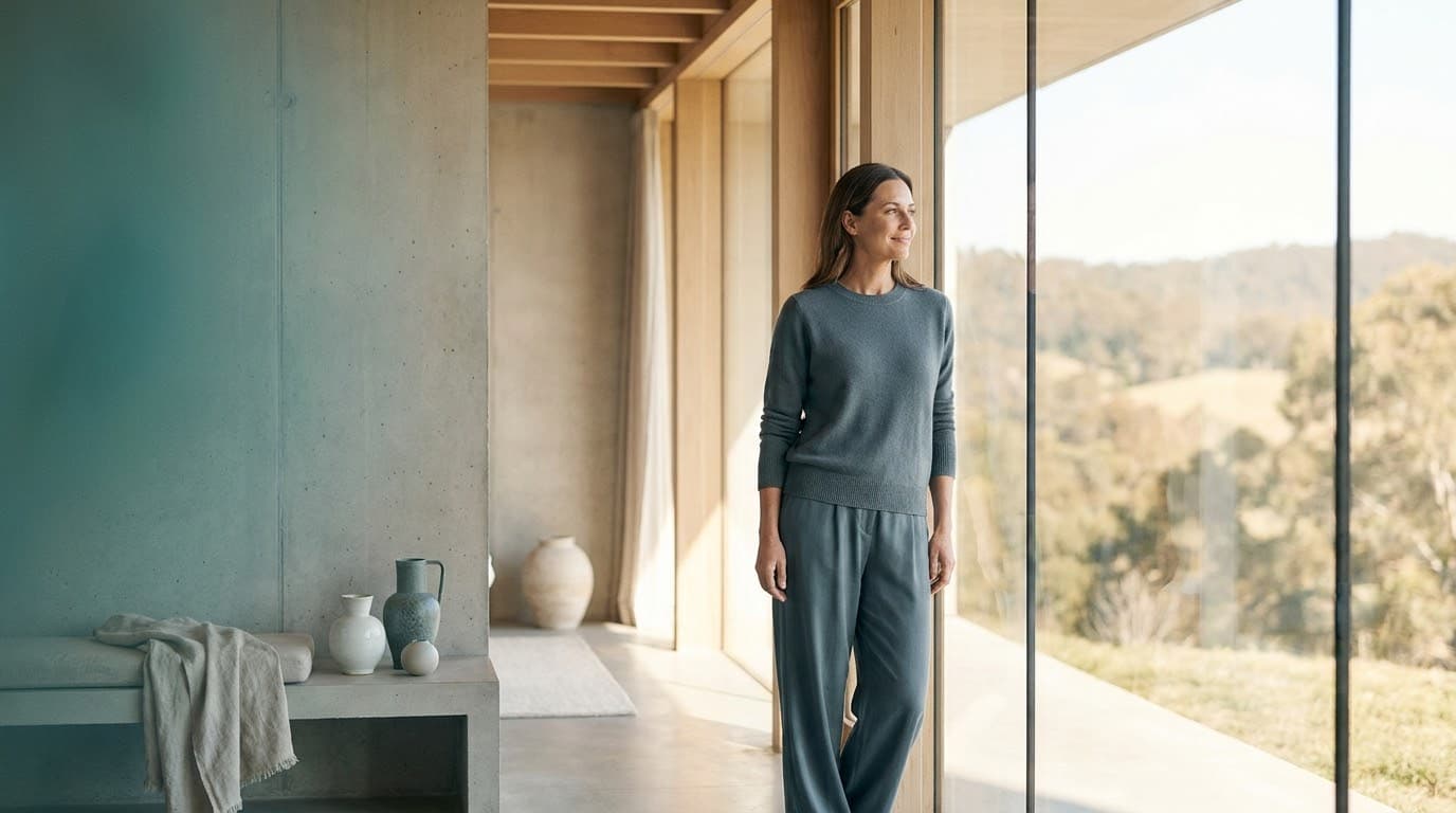 A woman at ease by tall windows in warm morning light.