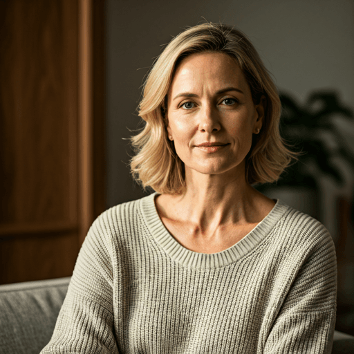 A woman in her forties sitting at home, looking calm and at ease